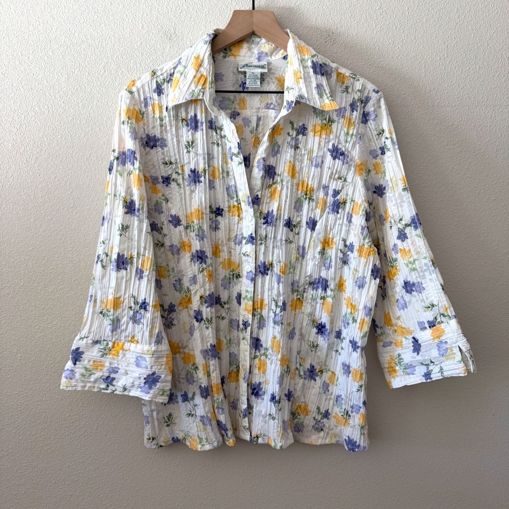 JOANNA Womens Top Floral Crinkle Cottagecore Coastal Grandmother XL